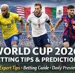 2026 FIFA World Cup prediction guide featuring soccer ball, USA Mexico Canada flags, tournament bracket and betting strategy graphics