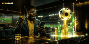 Man celebrating while using a holographic football betting table
